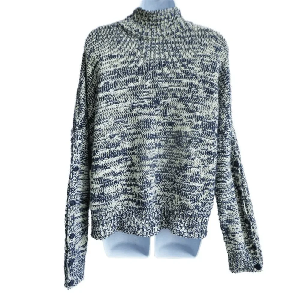 WooL CaSHMeRe ALPaCa Akris Punto Knit Sweater Quarter Zip Navy White Marled 12